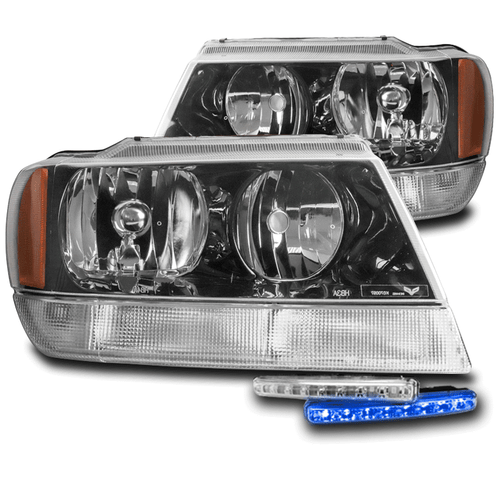 FOR 1999-2004 JEEP GRAND CHEROKEE BLACK HEADLIGHTS LAMPS W/BLUE LED SIGNAL DRL - Bild 1 von 4