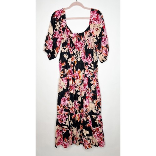 Anthropologie Floral Maxi Dress Black Pink Blossom Tiered Size Large Petite - Picture 10 of 16