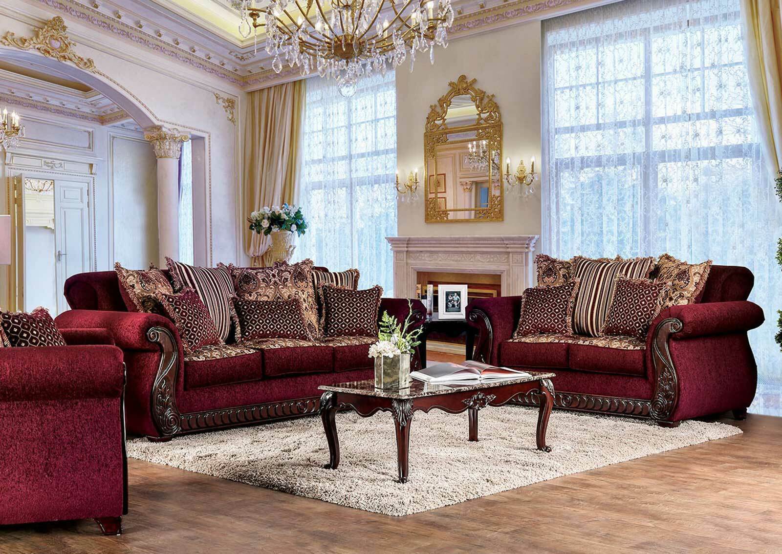 Old World Living Room Furniture Wood Trim & Burgundy Fabric Sofa Couch Set  IRCU