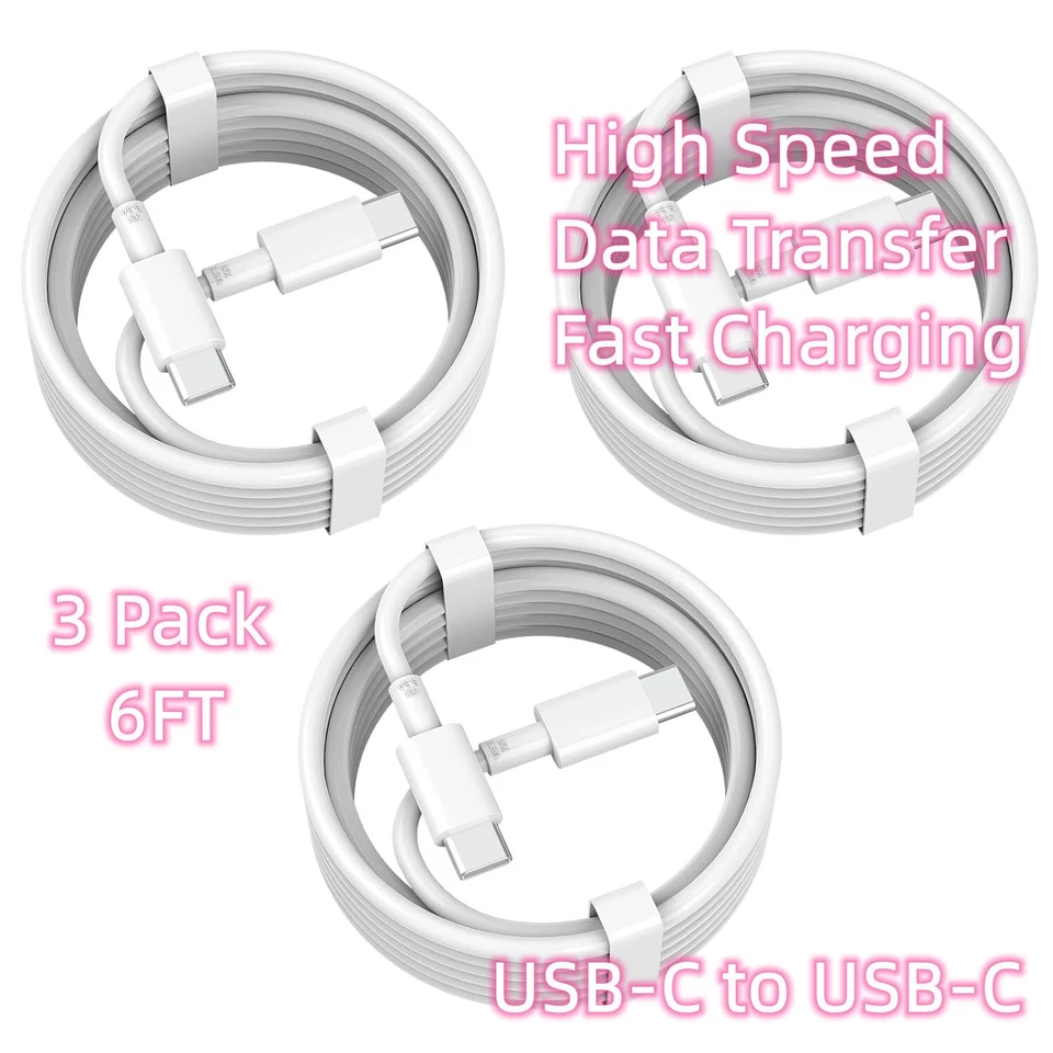 3 Pack 6FT USB-C to USB-C Cable Fast Charge Type C Charging Cord Rapid Charger - Image 2 of 4