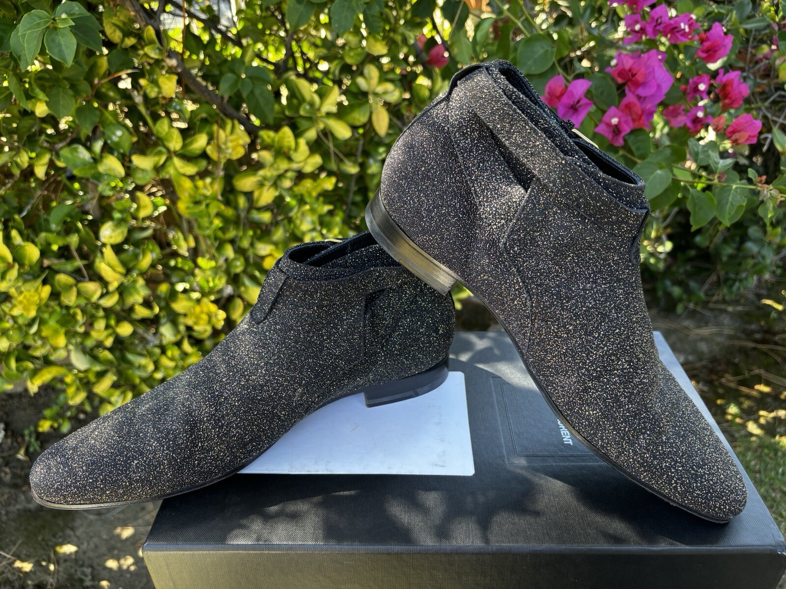 Stivali corti Saint Laurent Paris Hedi Slimane oro glitter Jodhpur neri taglia 40