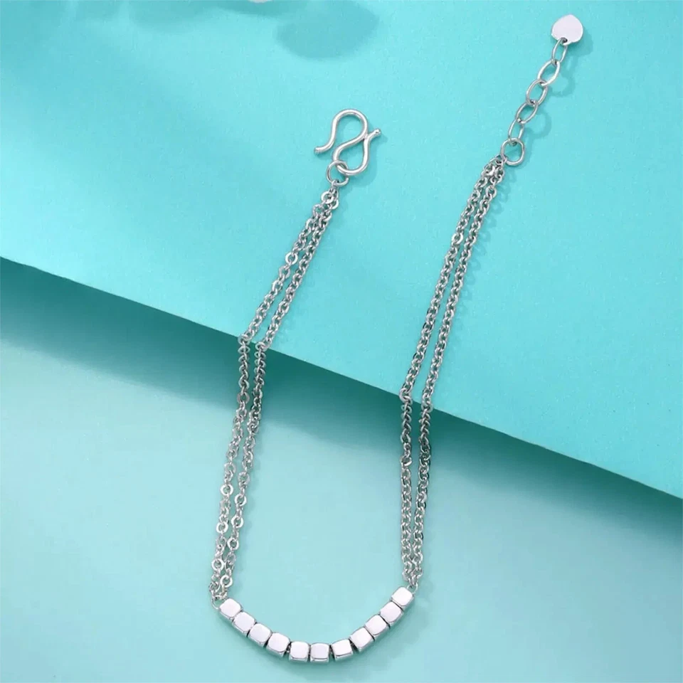 Pure Platinum 950 Chain Women Square Beads Double O Link Bracelet 4.14g/6.7inch - Image 2 of 4