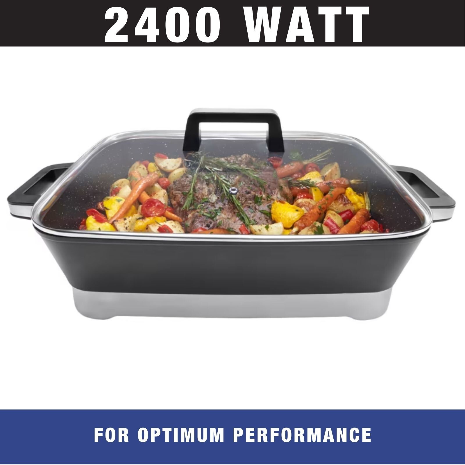 2400W Multifunctional Electric NonStick Frypan Roast Cooker Glass Lid