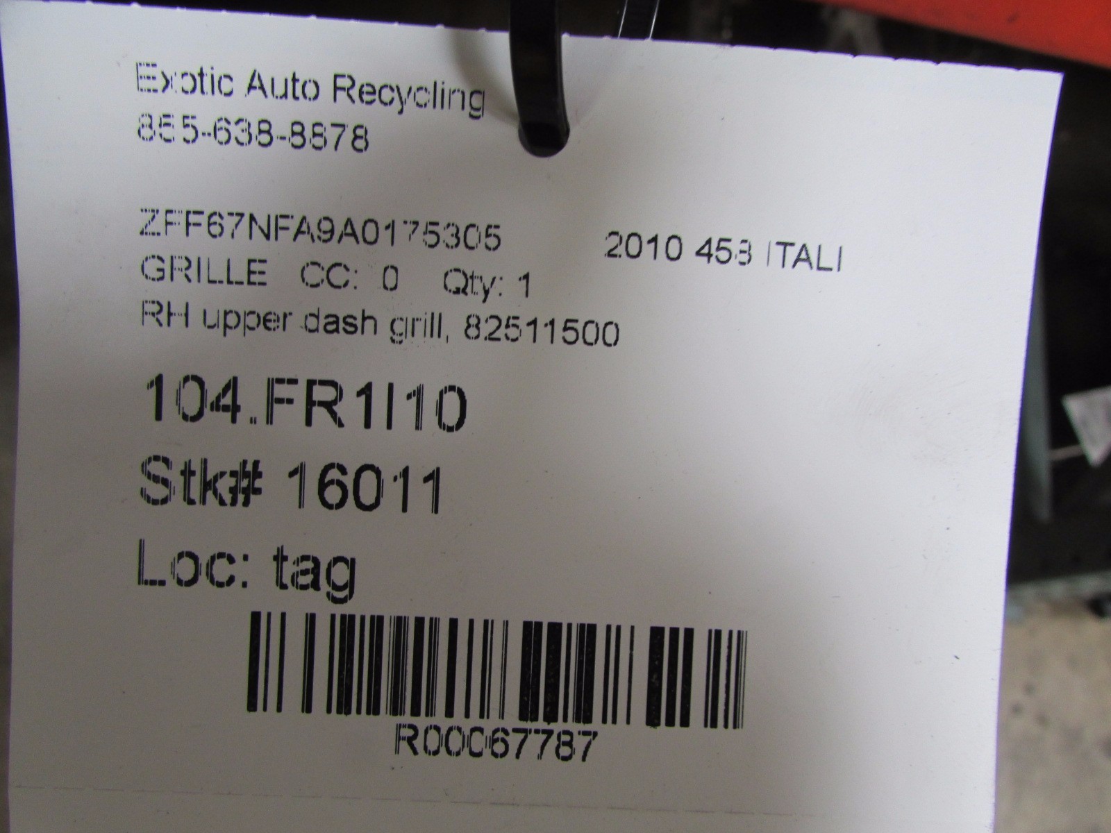 Ferrari 458 Italia, Spider, RH, Right Upper Dash Grille, Used, P/N 82511500