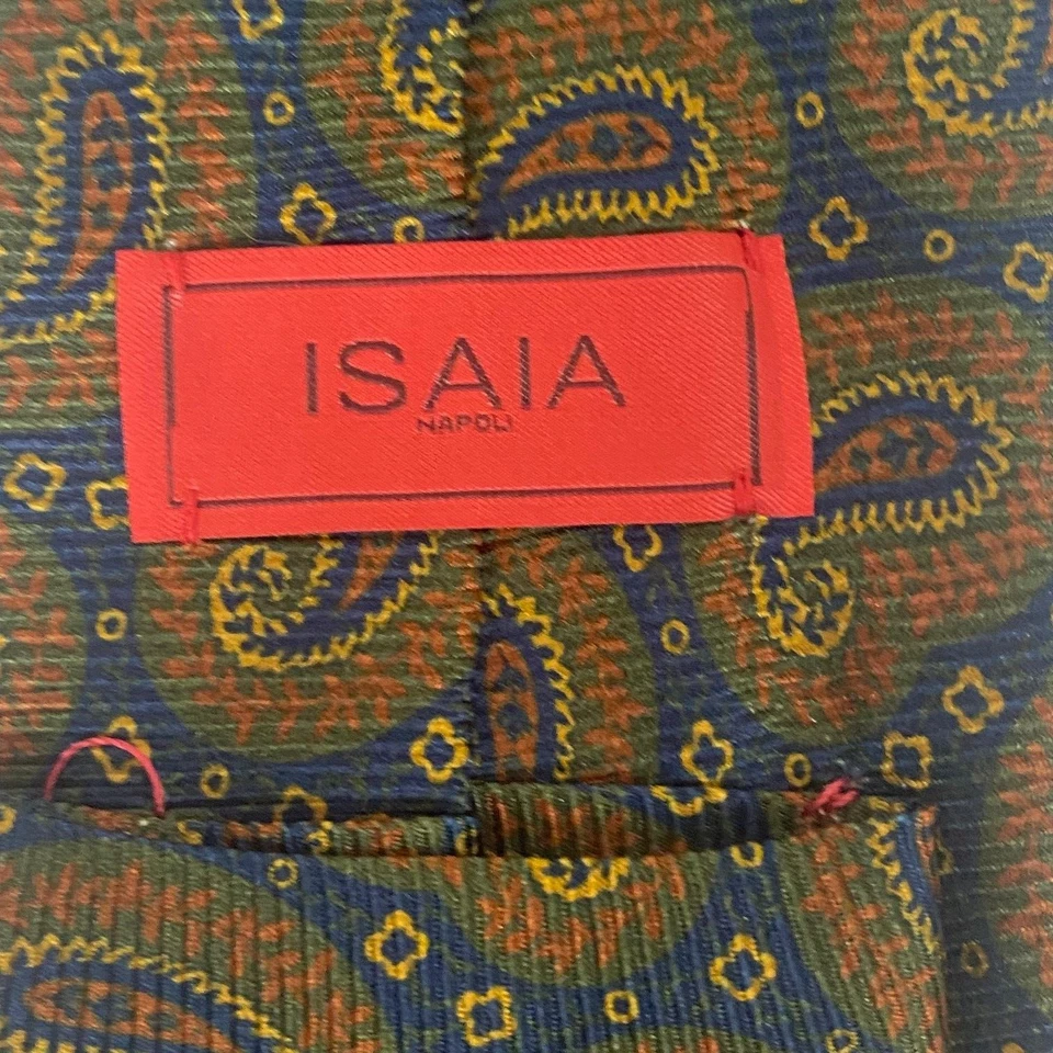 Corbata Isaia Napoli 7 pliegues | Marrón Azul Paisley | Larga | 100 % seda | Italia Foto 3 de 4