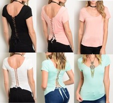 Lace-Up Back Cap Sleeve Blouse Top Black, Coral, White or Mint