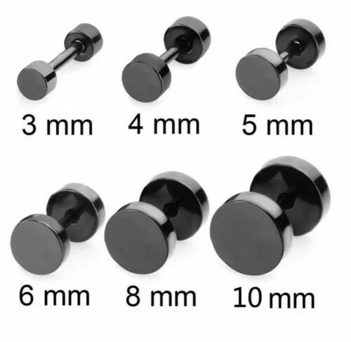 1 Pair Black Flat Round Barbell Plug Stud Earring Stainless Steel Men 3-14mm - image 3 of 4
