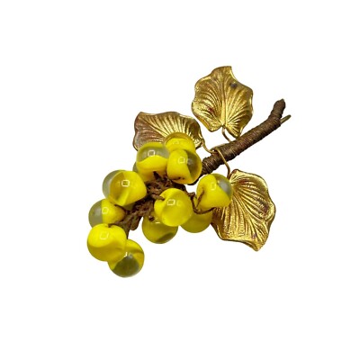 Possibly Miriam Haskell Grape Brooch Glass Givre Yellow & Brass Leaf Hand Wired