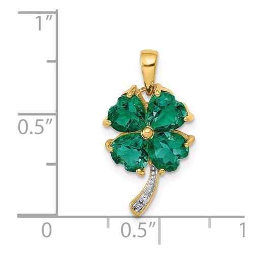 14k Yellow Gold Lab Created Emerald and Diamond Four Leaf Clover Pendant for Mom - Picture 4 of 4