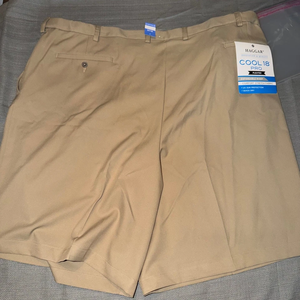 Haggar Mens Cool 18 Pro Expandable Waist Pleated Shorts Khaki Big Tall 48W - Image 4 of 4