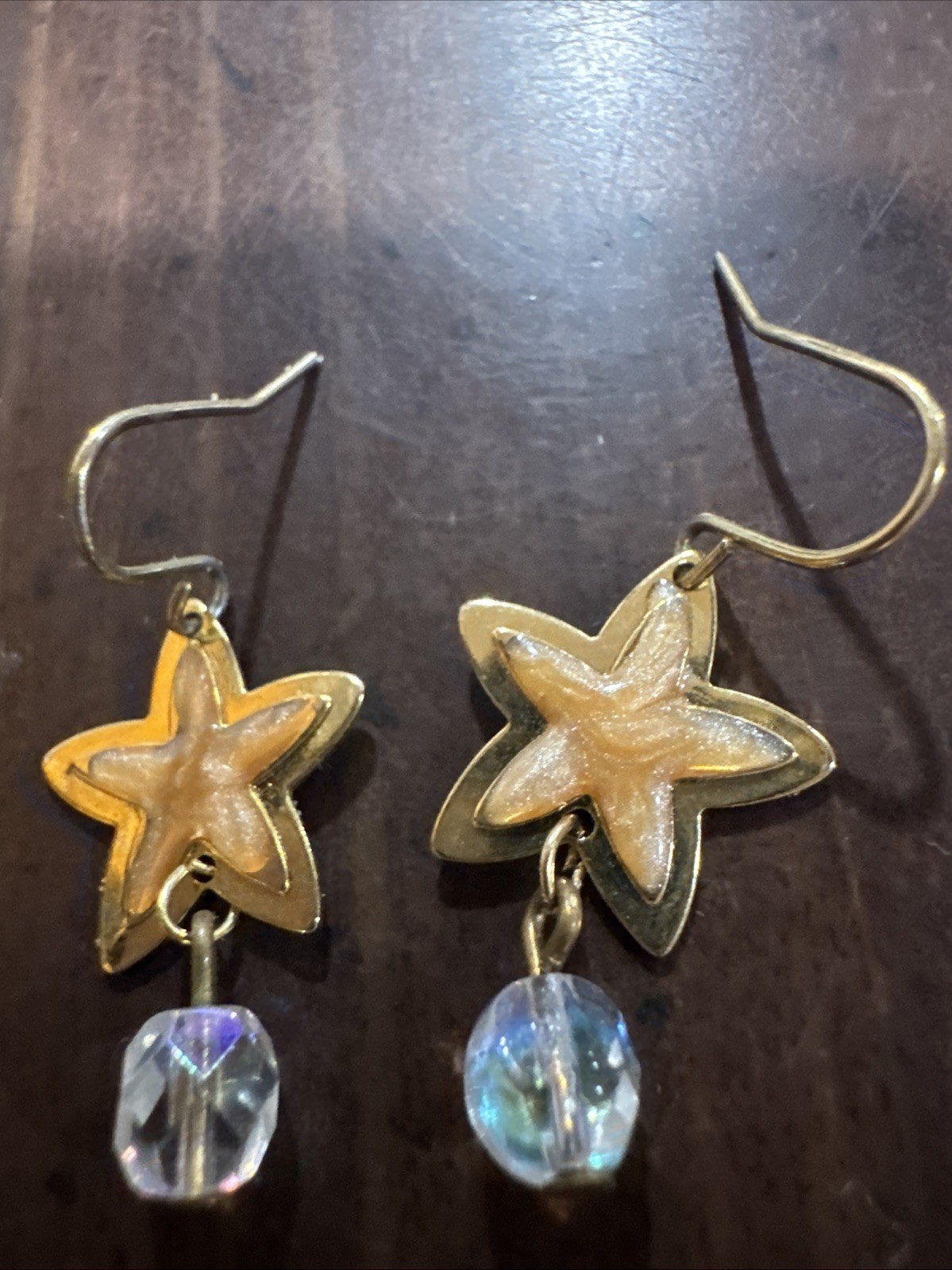 Gold Tone Star Earrings Orange Center Crystal Bead Drop Celestial Dangle