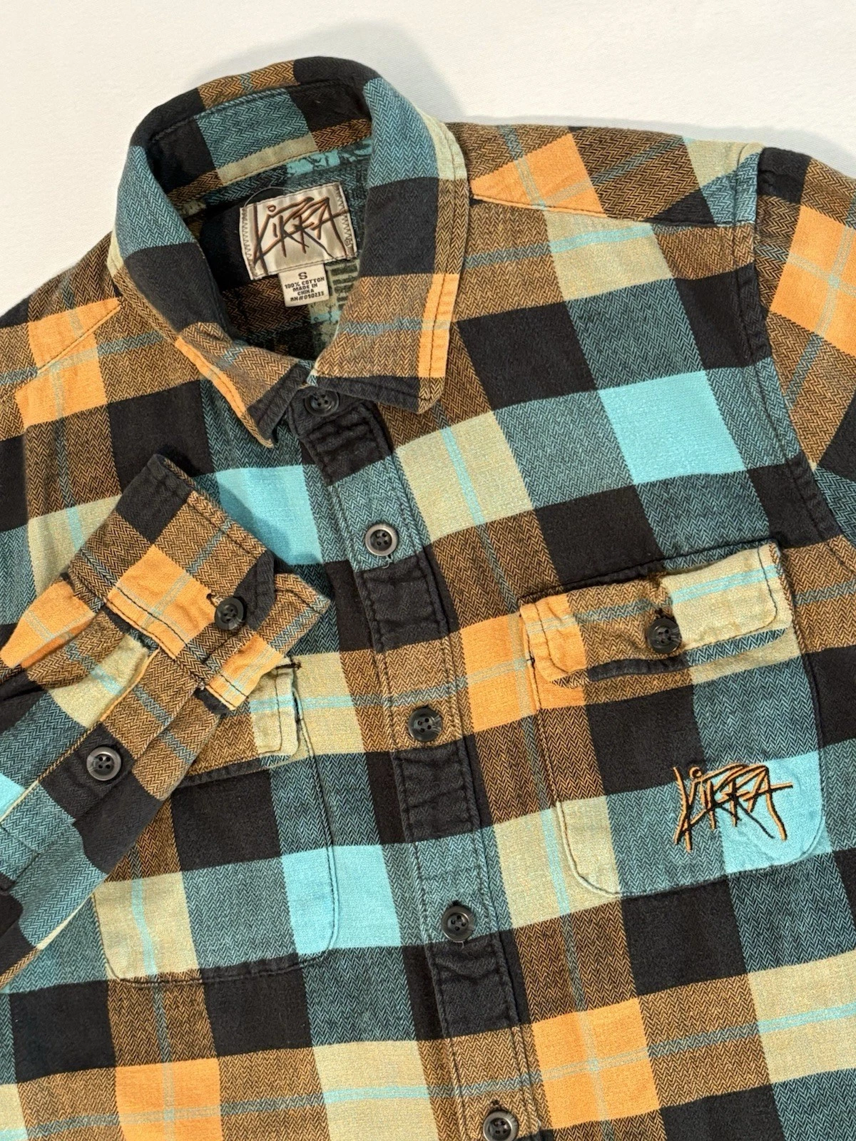 Kirra Plaid Flannel Shirt Mens Small Blue Orange Pockets Workwear Outdoor Grunge