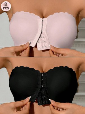 Set of 2 Front Closure Bandeau Bras in Light Pink and Black Comfortable Cheap24