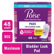 Poise Incontinence Pads for Women, 5 Drop Maximum Absorbency, Regular Length, 48