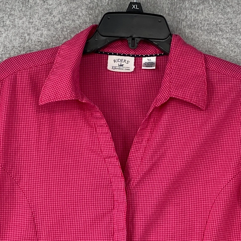 Lee Top Womens XL Pink Micro Check 3/4 Sleeve Button Up Blouse Casual Career - Image 3 of 4