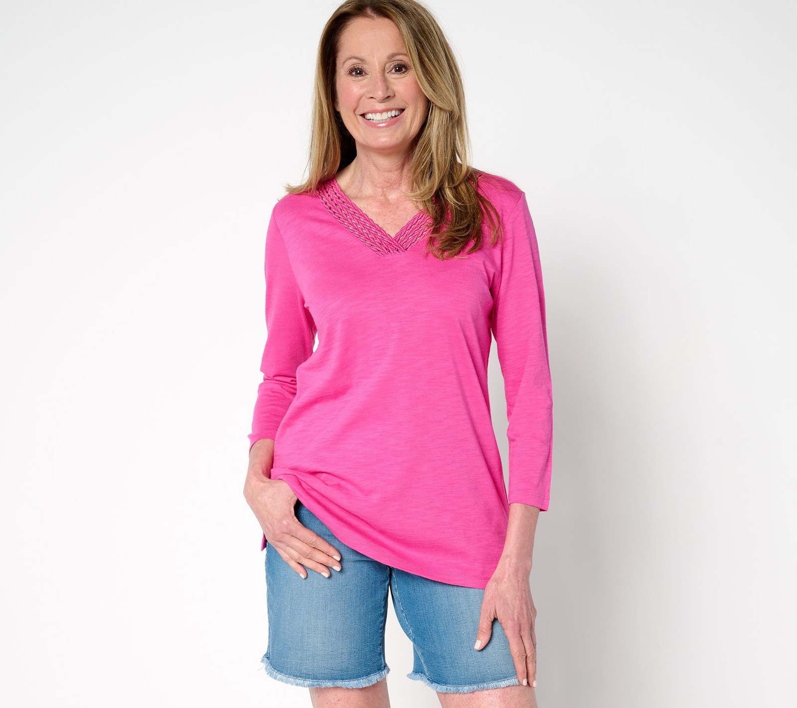 Fashion Women's Top Sz L Slub Knit Braided Beauty V Neck Pink A686375