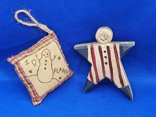 Primitive American Flag Wooden Star Snowman & Embroidered Pillow Ornament Plaid