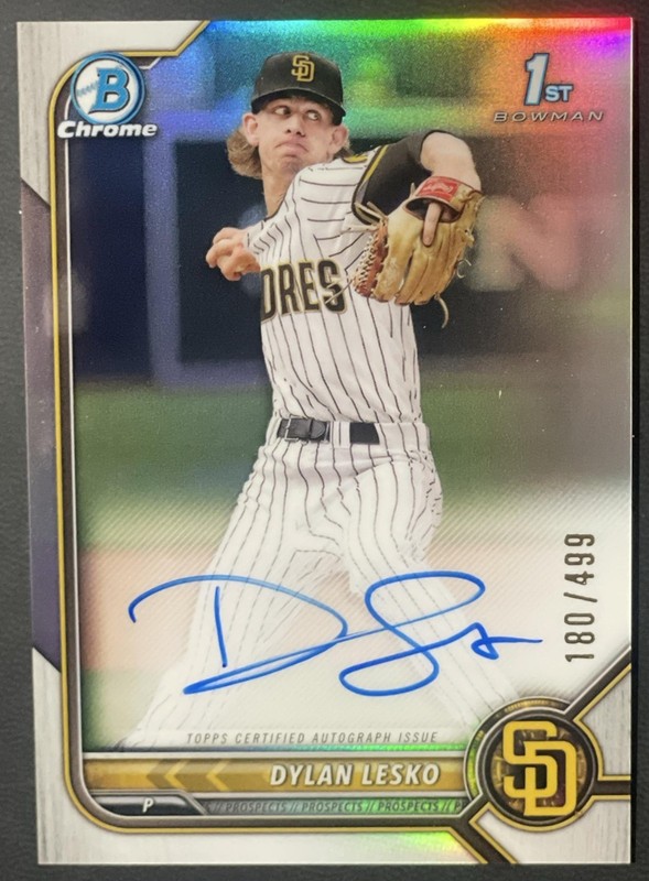 2022 Bowman Draft Dylan Lesko 1st Refractor Auto /499 1st Prospect Padres
