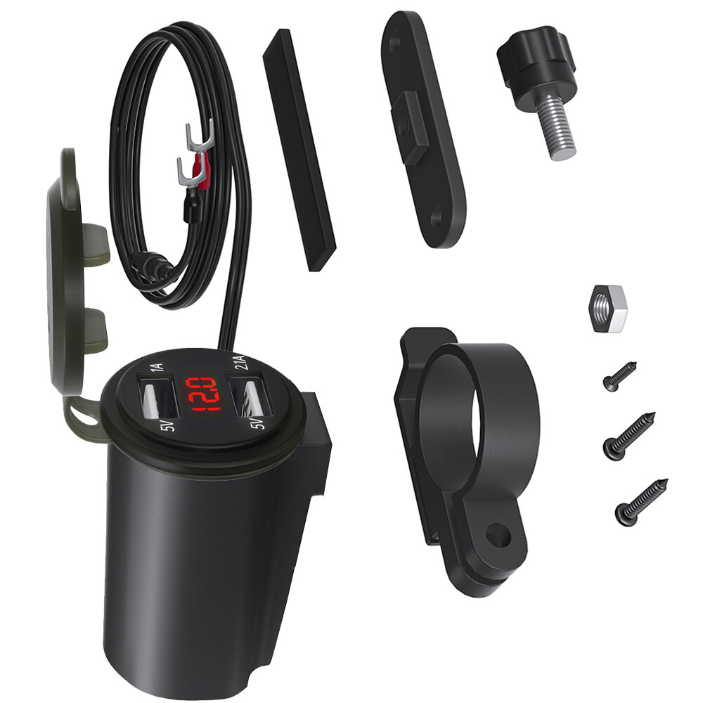 12V Car USB Charger with Voltmeter Dual 2.1A 1A Ports Red