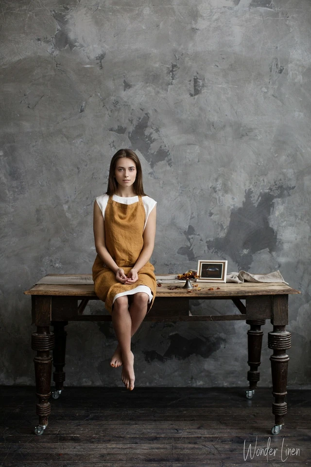 Wonder Linen apron for Women. Mustard linen kitchen apron with pocket. - Image 3 of 4