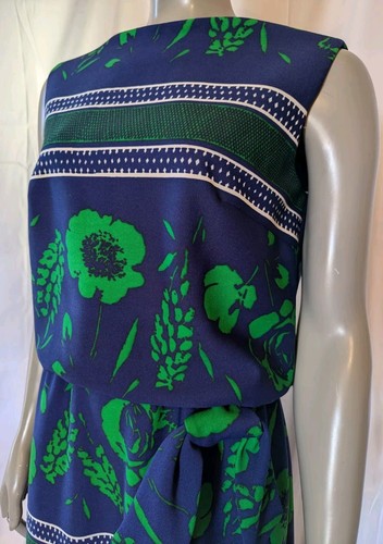Vintage 60s-70s Leslie Fay Original Navy Green Floral Blouson Maxi Dress M - Picture 6 of 14