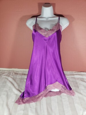 Vintage Fredericks of Hollywood Purple Liquid Satin Lace Slip Chemise Lingerie M