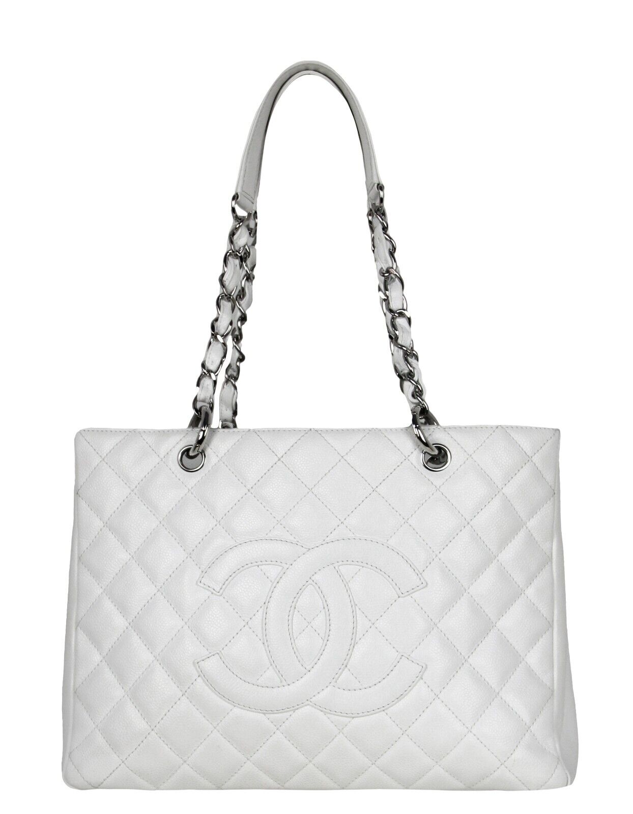 Authentic Chanel White Caviar Leather Quilted Grand Shopper Tote GST Bag