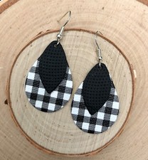 Women Vegan Faux Leather Black White Buffalo Petite Plaid Earring Flannel Check