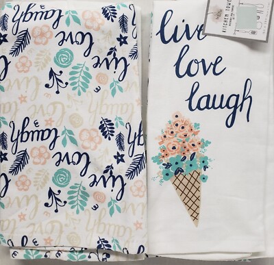 SET OF 2 DIFFERENT JUMBO KITCHEN TOWELS (18 x 28'') LIVE,LOVE,LAUGH & LEAVES, HW