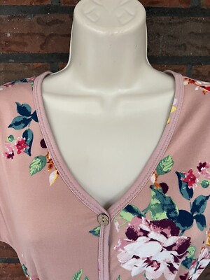 Modest Dress Small Pink Floral V-Neck Reborn J Short Sleeve Fit Flare Soft