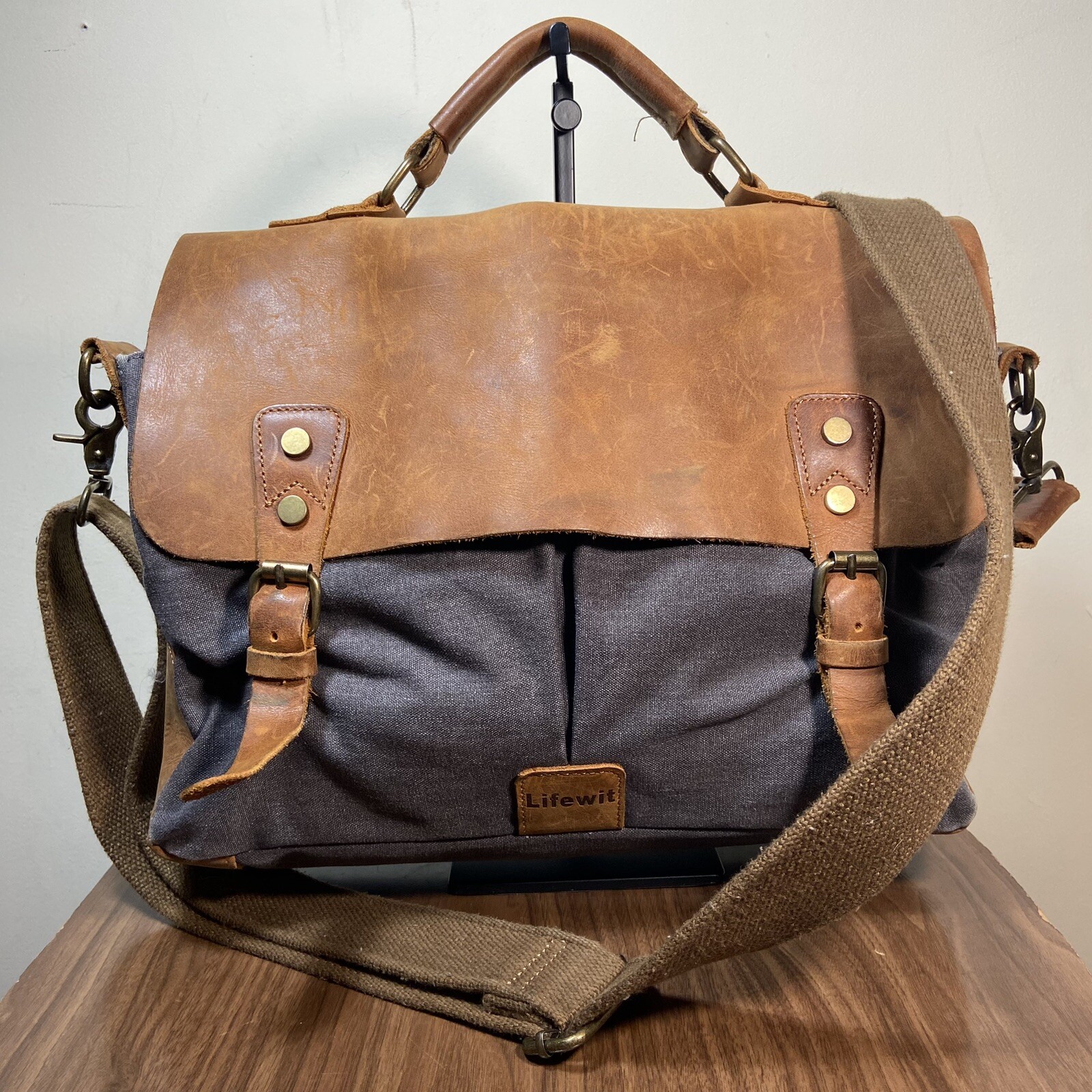 Lifewit Bag Mens Gray Messenger Laptop Brown Leather Canvas Shoulder