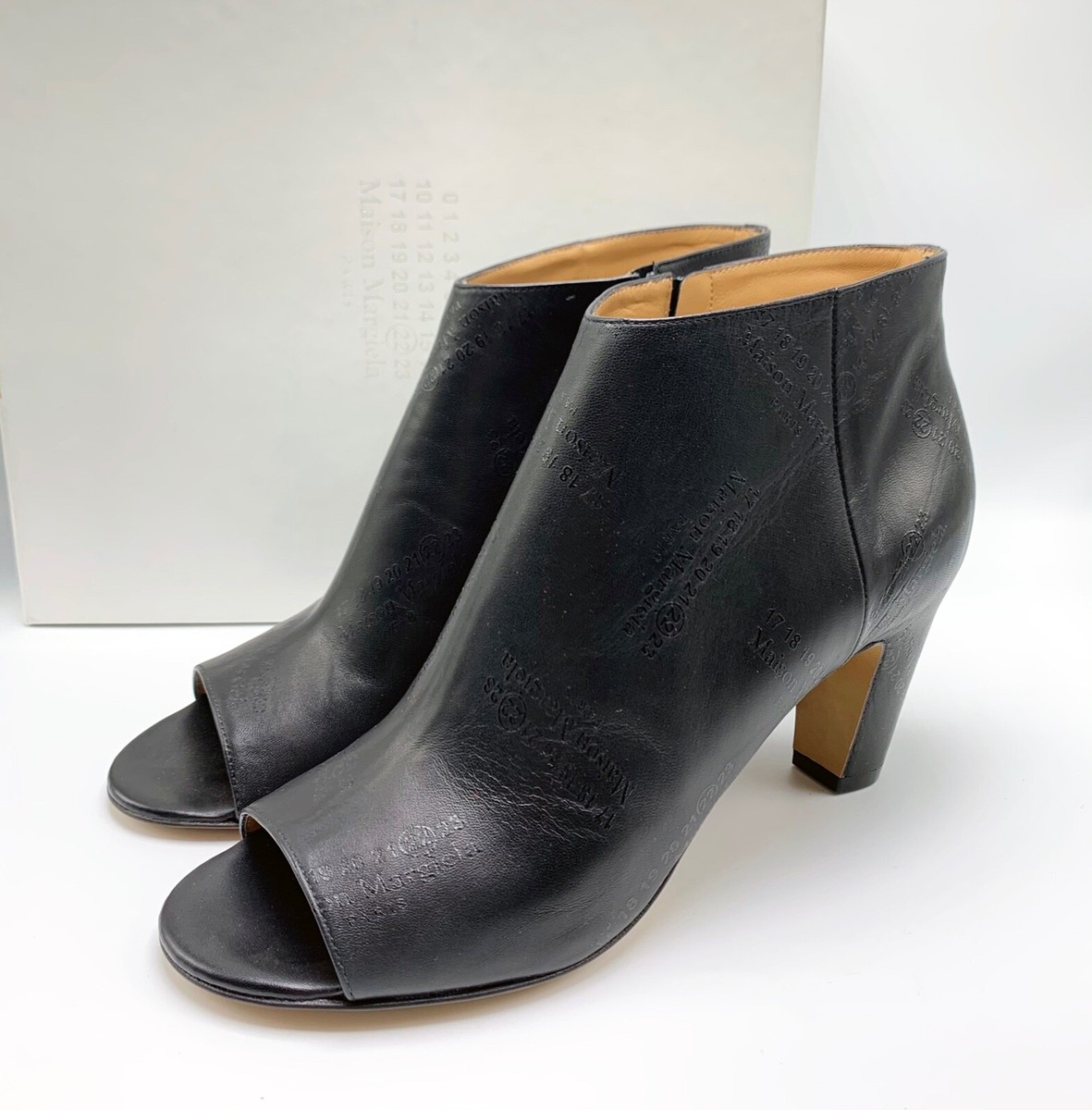 $995 Maison Margiela Open Peep Toe Logo Printed Leather Ankle