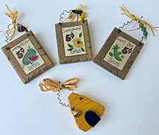 4 Wood Ornaments Seed Packets (Watermelon Sunflower Sweet Pea) & Beehive A01338