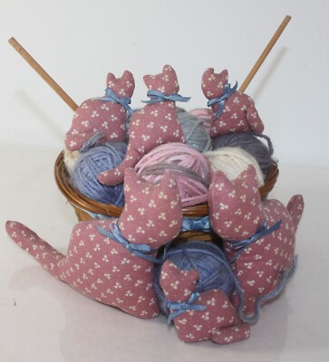 Hand Crafted Basket Full of Fabric Cats Kittens and Yarn