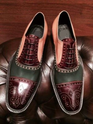 Handmade Men Multi Color Pure Calf Leather Lace Up Wing Tip Brogue Oxford Shoes