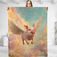 Cute Pig Blanket,Whimsical Decorative Throw with Winged Farm Animal and Cloud...