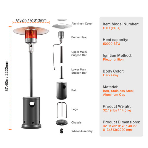Propane Patio Heater 50000BTU Tall Hammered w/Wheels Outdoor Silver Gray - Picture 7 of 12