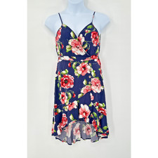 Babydoll Wrap Dress Medium Navy Floral Hi Low Hem Buttons Summer Dainty Romantic