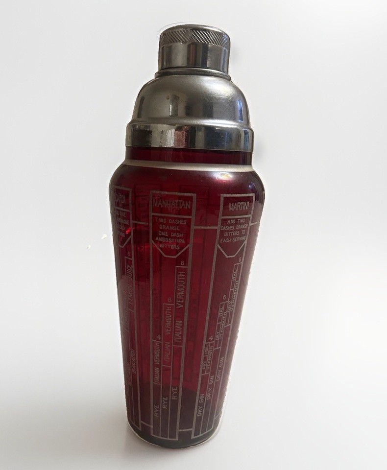VTG 1930's Large Dark Ruby Red Cocktail Shaker With 16 Recipes