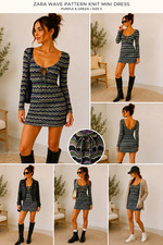 ZARA Wave Pattern Knit Mini Dress Long Sleeve Scoop Neck Stretch Sz S