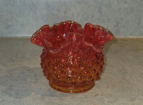 Fenton Hobnail Red Orange Glass Cadmium Round Ruffled Vase - 1960's