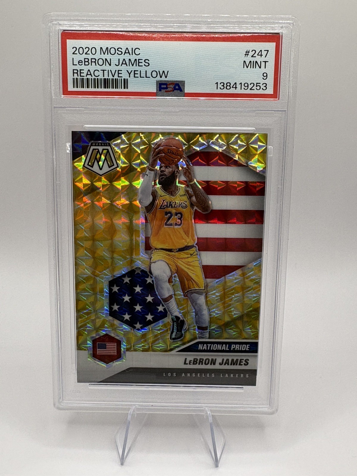 LEBRON JAMES 2020 Mosaic LeBron James National Pride Reactive Yellow Prizm PSA 9