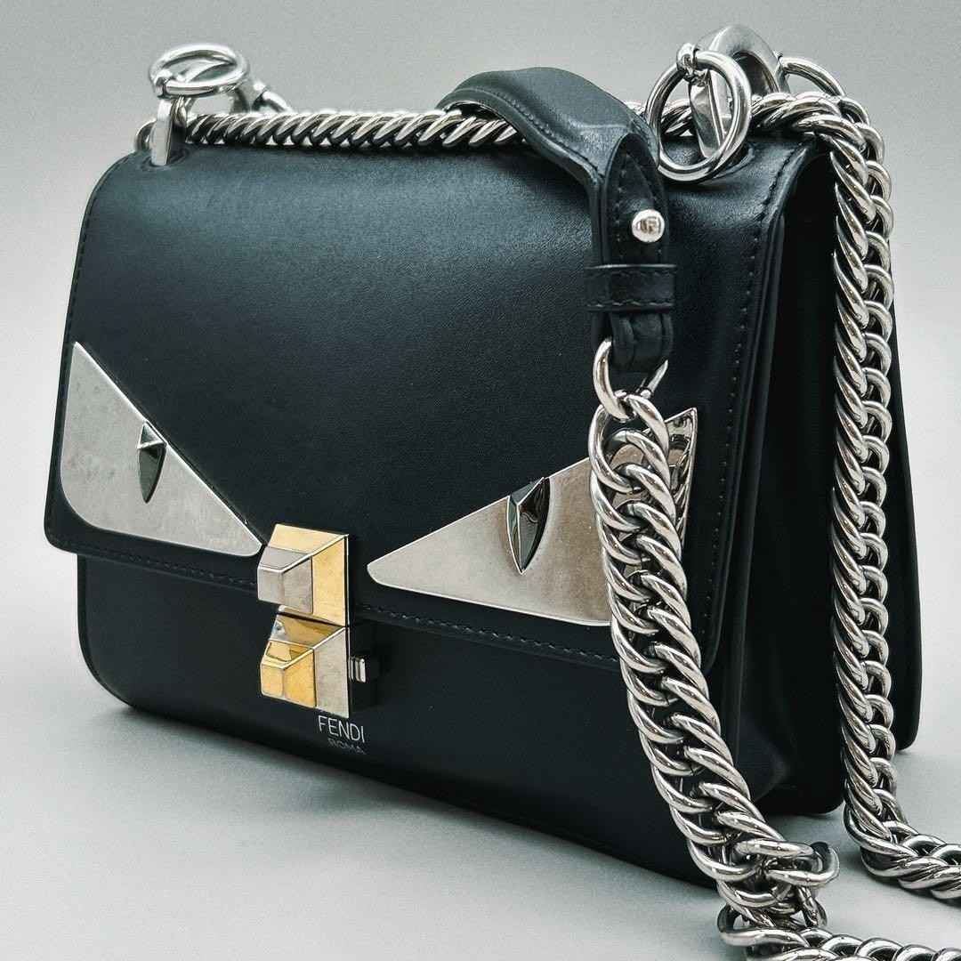 FENDI Kan I Bag Bugs Monster Eyes Handbag Black Leather Chain
