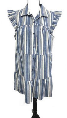 Blue and White Striped Ruffle Sleeve Dress