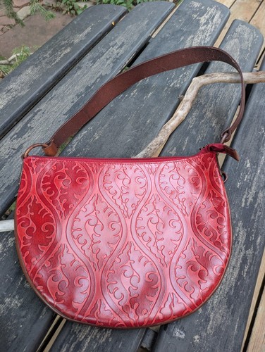DKNY Vintage Red Embossed Tooled Leather Crescent Shoulder Bag Hobo