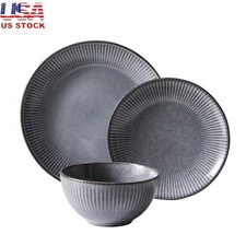 Stoneware Dinnerware Set 12-Piece Ribbed Elegant Plates Bowls Dishwasher Safe US