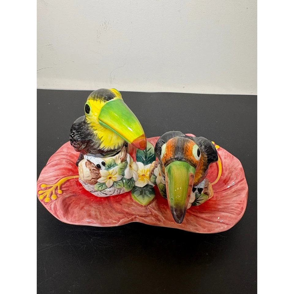 Sal Pimienta Tucán Bandeja Hibisco Tropical Cocina Decoración Cerámica Foto 3 de 4