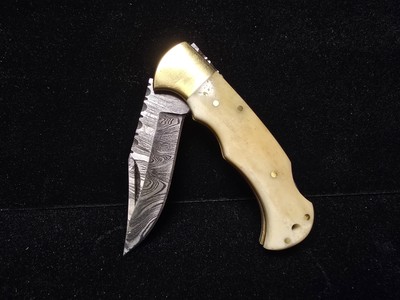 Pocket Knife Camel Bone 6.5'' Damascus Steel knife Brass Bloster Back lock