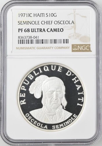 1971 C HAITI Silver 10 GOURDES NGC PF-68 SEMINOLE CHIEF OSCEOLA