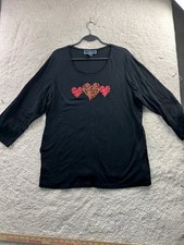 Karen Scott Women's Black 1X Cotton Top Red Heart Embellished